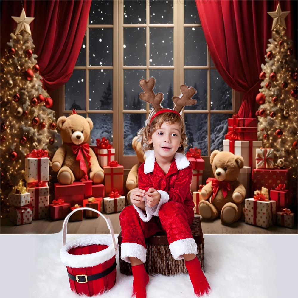Christmas Teddy Bear Background Xmas Tree Toy Bear for Winter Window Room Outdoor Decoration Banner Kids Portrait Photo Props