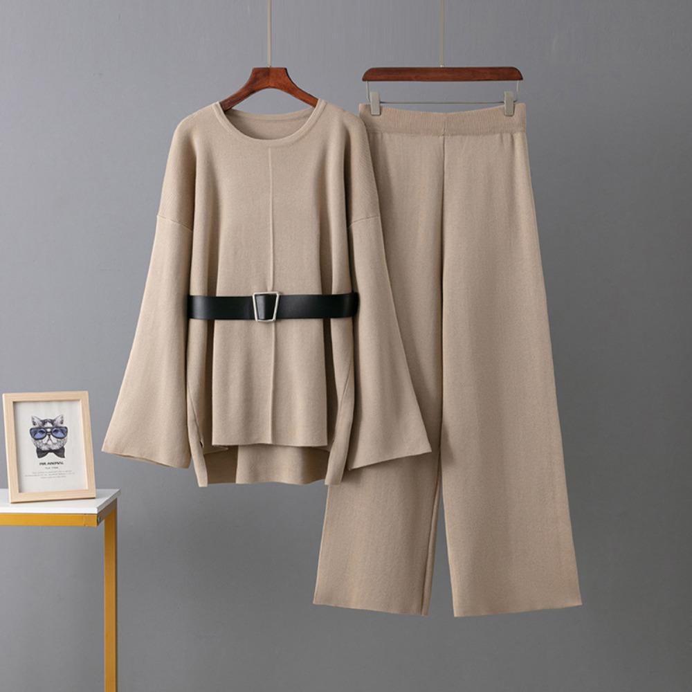 

Вязаные брюки широкого кроя, пояс, костюм-свитер, женский весенне-осенний свободный модный темпераментный костюм-двойка One size