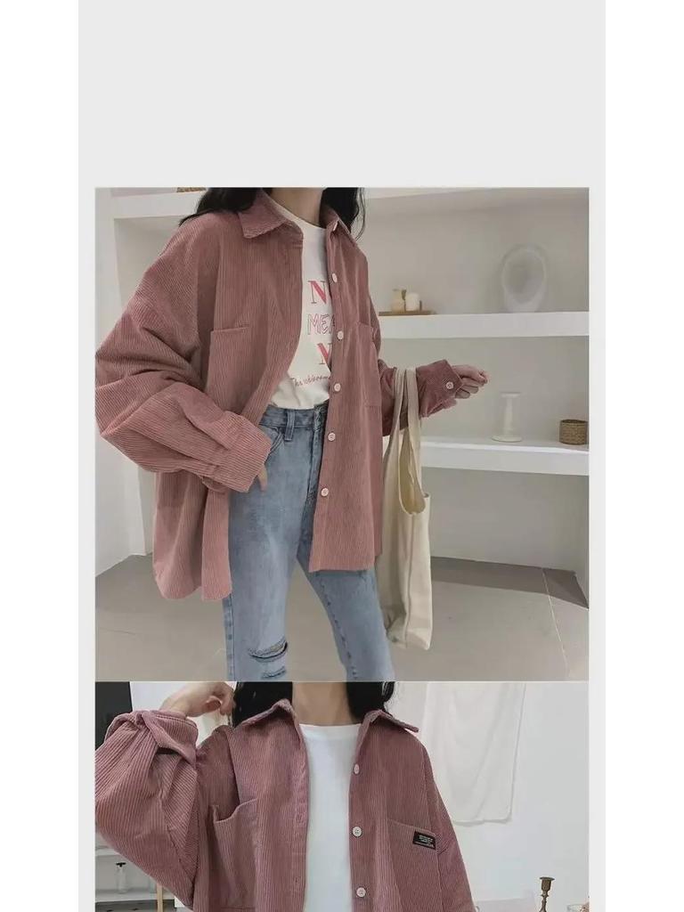Women's Blue Corduroy Shirt Jacket - Korean Style, Loose Fit, Long Sleeve for Spring & Autumn 2025