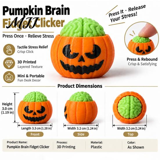 Creative Holiday Gift Halloween Pumpkin Stress Relief Toy, 3D Printed Sensory Fidget Realistic Interesting Brain Shape Toy Soft Rebound Squeeze