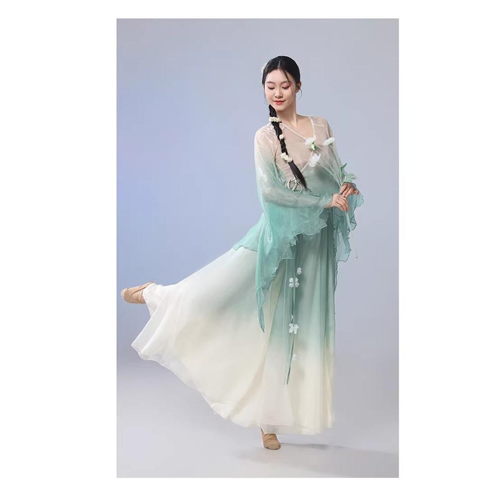 Women's Gradient Big Sleeve Chinese Classical Dance Set, Flowy Big Swing Chiffon Skirt Performance Wear