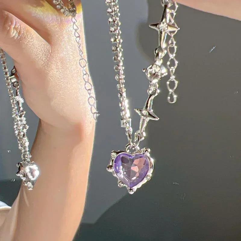 Y2K Crystal Necklaces Gradient Purple Zircon Star Heart Irregular Cross Star Chain Choker Necklace Jewelry Accessories for Girls