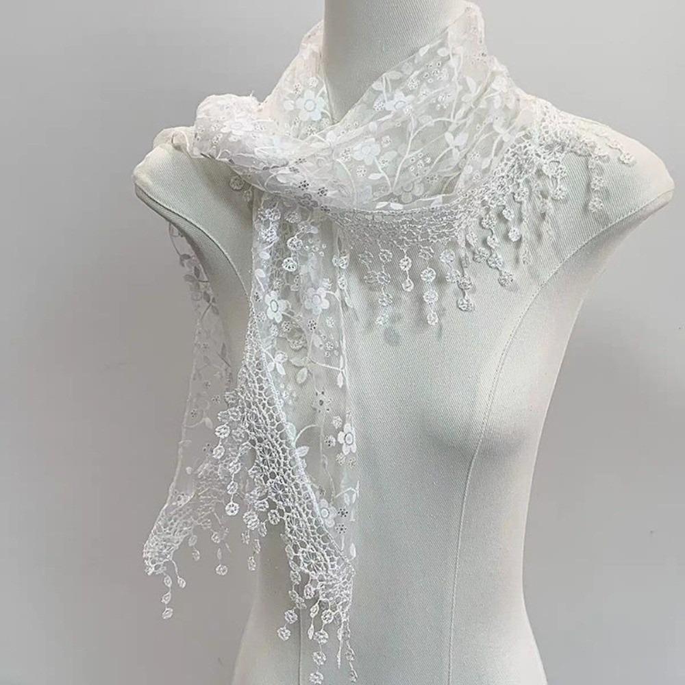 Solid Color Lace Scarf Hollow-out Triangle Scarf French Tassel Shawls  Spring Summer