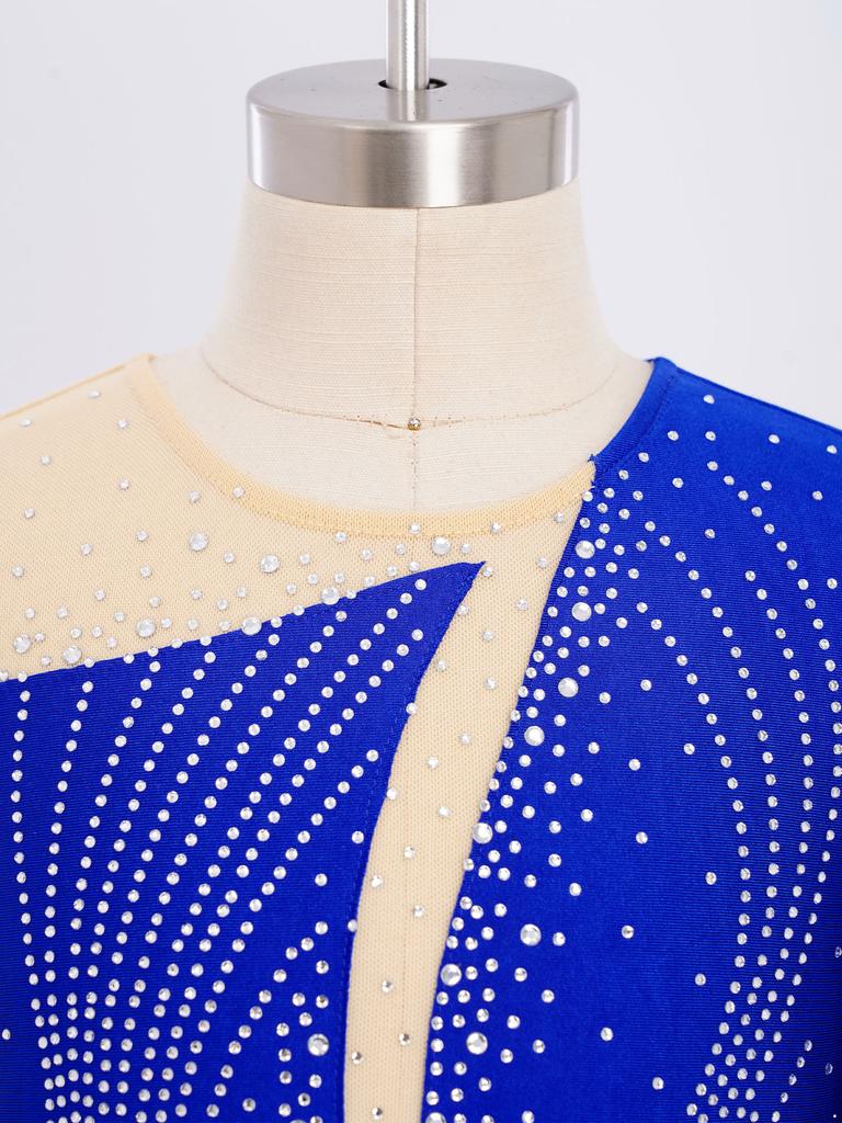 Girls Figure Skating Dance Dress: Long Sleeves Finger Holes Keyhole Back Mesh Patchwork Shiny Rhinestones Asymmetrical Hem