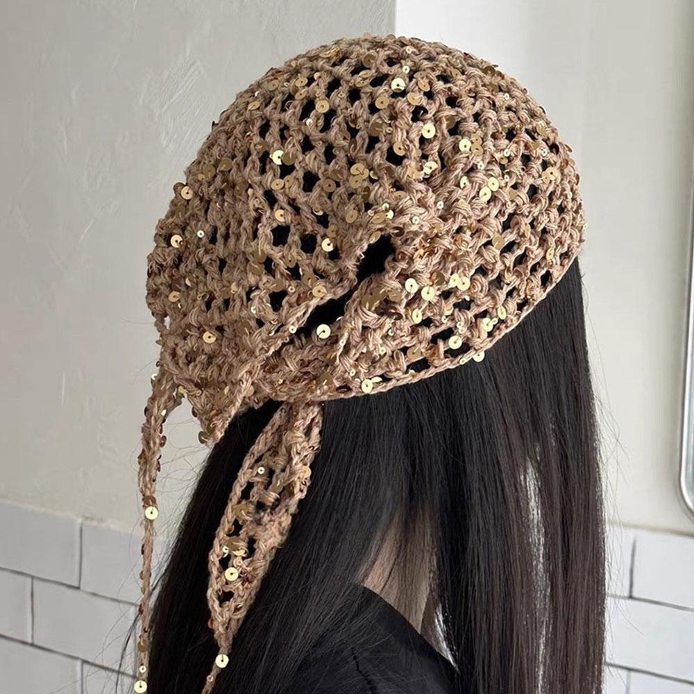 Ins Style Sequined Hollow Knitted Triangle Hair Scarf Bandana Retro Crochet Sheer Headscarf Women Summer Travel Photo Headband