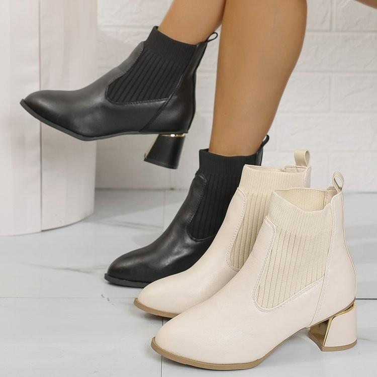 Female Ankle Boots Black Leather Footwear Short Shoes for Women Elegant with Medium Heels Sock Booties Spring Autumn Waterproof