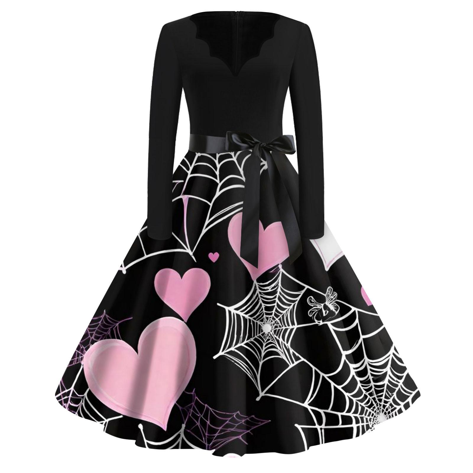 

Женская мода с v-образным вырезом, повседневные тонкие платья с длинными рукавами и принтом на Хэллоуин XL розовый