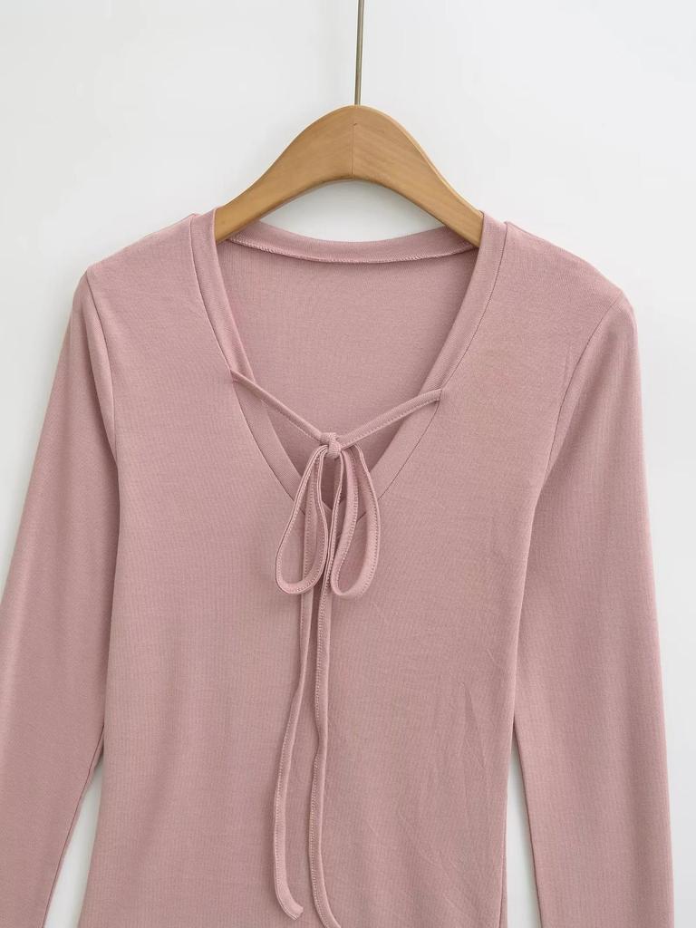 Women's Deep V-Neck Lace-Up Long Sleeve Slim Fit Autumn Top