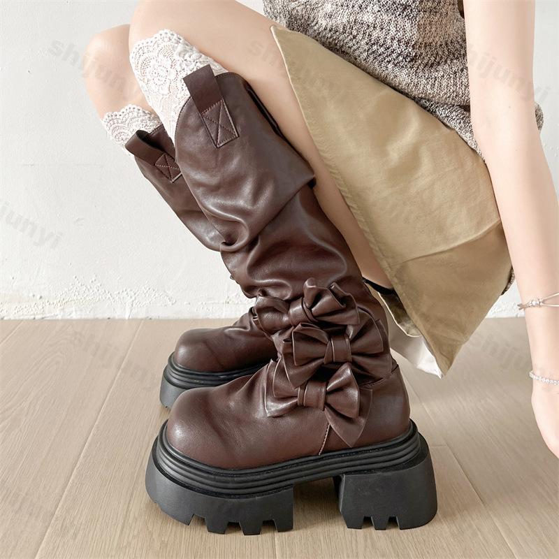 Women Knee High Boots 2026 Autumn New Platform Thick Bottom Retro Wrinkle Bow Fashion Boots High Quality Casual Outdoor Boots