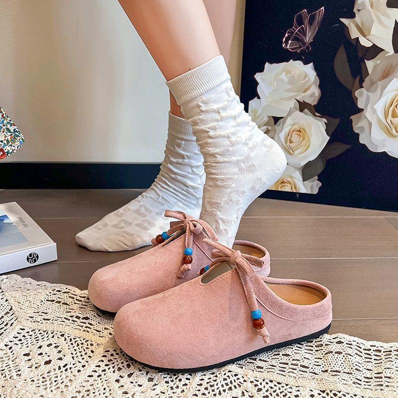 Bow soft bottom half slippers retro versatile flat bottom Boken bag head slippers women's 2025 spring and autumn new models