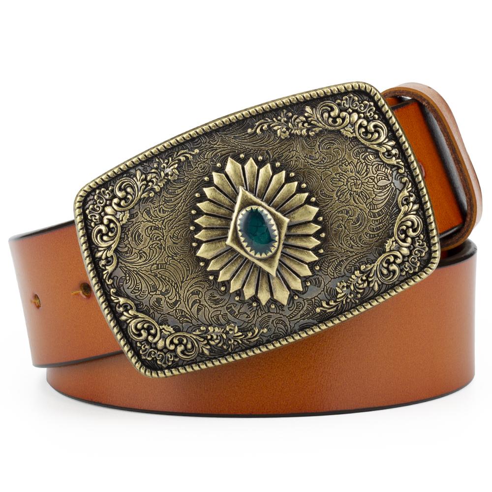 Classical Silver Carved Flower Pattern Buckle Enamel Sapphire Genuine Leather Belt For Women Men Belts Gift