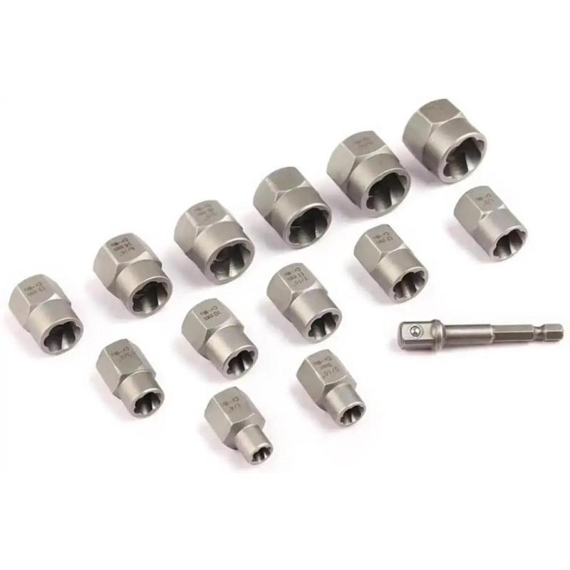 2025 New 3/8” Drive Impact Bolt Nut Extractor Set 13 Pcs Lug Nut Remover Kit Twist Socket Tool Set with A 1/4” Hex Drive