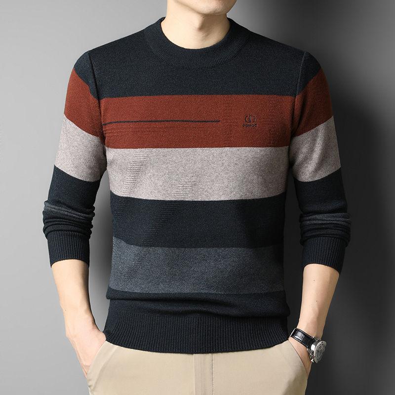 Autumn Winter New Men Sweater O-Neck Striped Contrast Color Thicken Warm Trend Fashion Loose Long Sleeve Pullovers Knitted Top