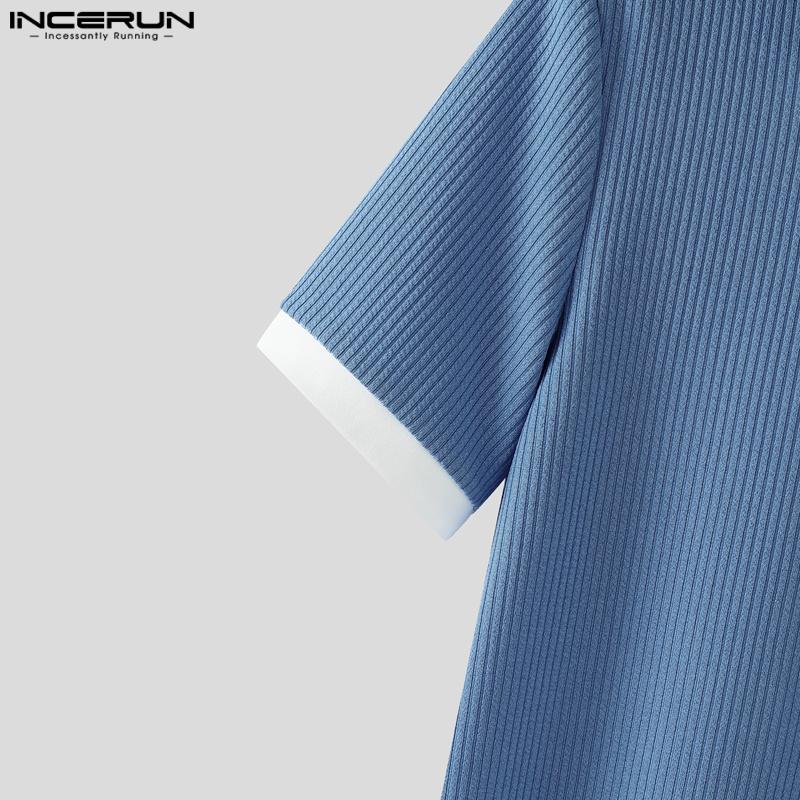 INCERUN Men Lapel Square Collar Short Sleeve Stitching Color Casual Fitted T-shirts
