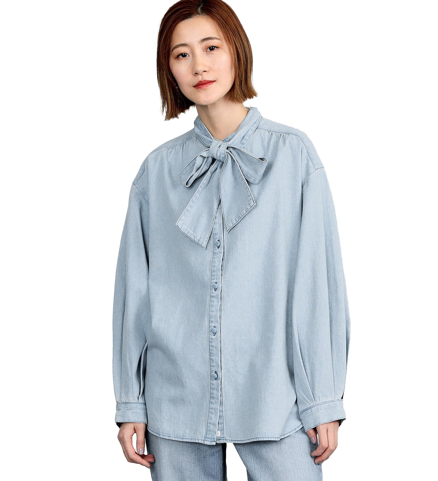 

Something ST219 Bowtie Denim Light Blue Women s Blouse,