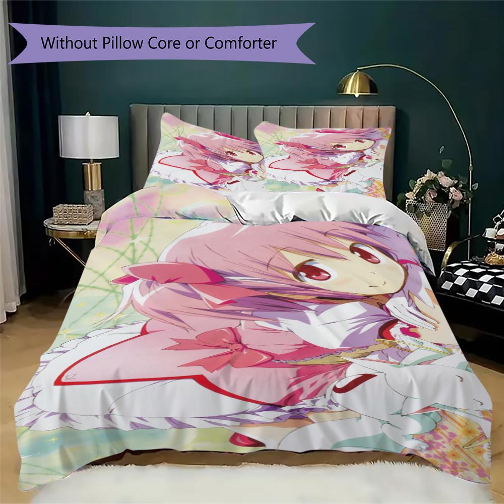 Puella Magi Madoka Magica Pattern Bedding,Quilt Set Quilt Cover Pillowcase Home Birthday Gift(1 * Duvet Cover + 2 * Pillowcase, Without Core)_lx
