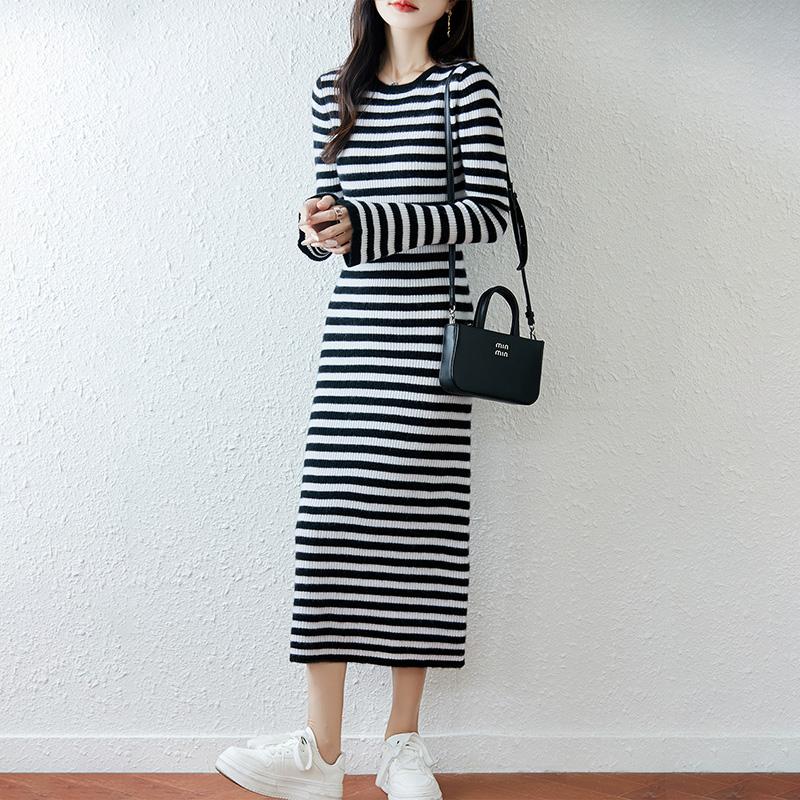 Women Sweater Dress 100% Wool MODERN NEW SAGA O-neck Striped Knit Long Pullover Winter Jumpers Wool Long Dress Female
