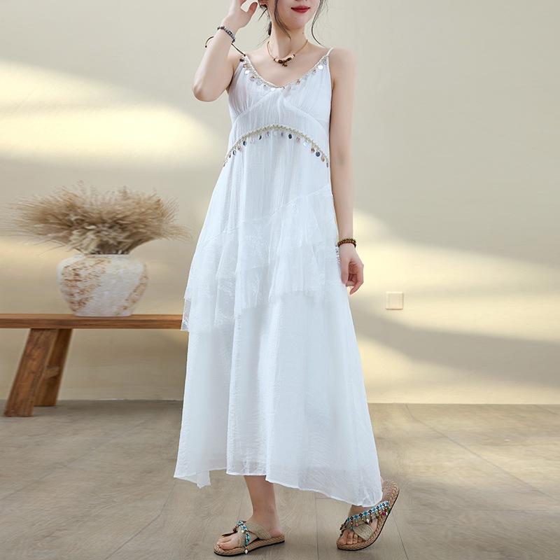 

Платье-эмбрион с подтяжками белого цвета с узором тай-дай для женщин, лето 2025 года, новый темперамент, уменьшающий возраст, и тонкая юбка one size fits all белый