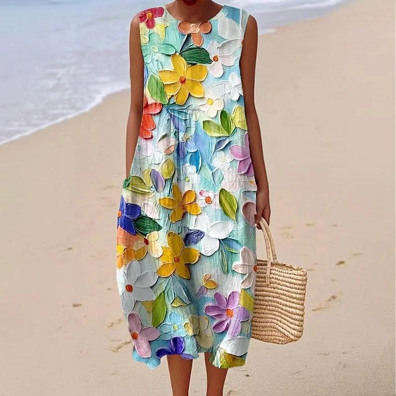 Sleeveless dress new pleated large version loose casual round neck D printing source