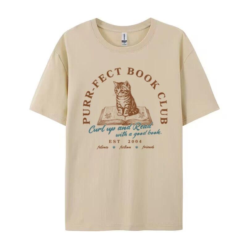 FeUnisex Purrfect Book Club Funny Bookish T Shirt Vintage Loose Bookworm Tshirt Cute Cat Lover Shirt Women Literature Tops Gifts
