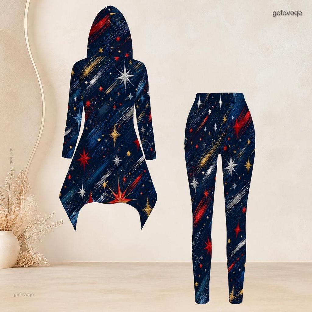 Women Plus Size Hooded Long Sleeve High Low Top Fitted Pants Two Piece White Printed Set