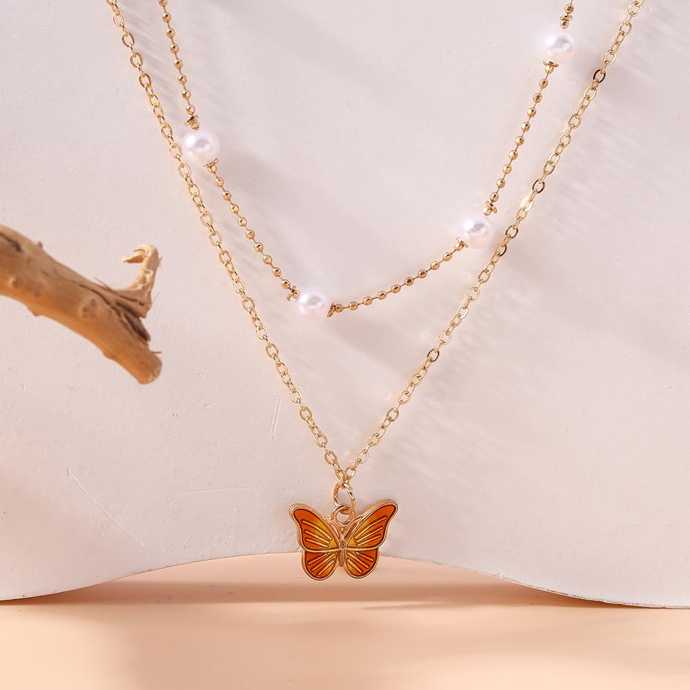 2pcs/set Cute Butterfly Pendant Necklace for Women Girls Pearl Beaded Choker Necklace Girls Party Holiday Jewelry Gifts