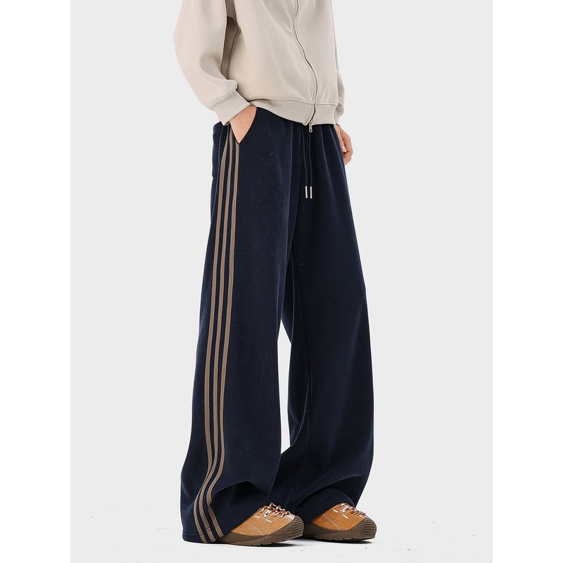 51 Hip-Hop Men's Thick Fleece Pants Winter American Style Trendy Brand Lazy Style Three-Stripe Loose Straight-Leg Sports Trousers
