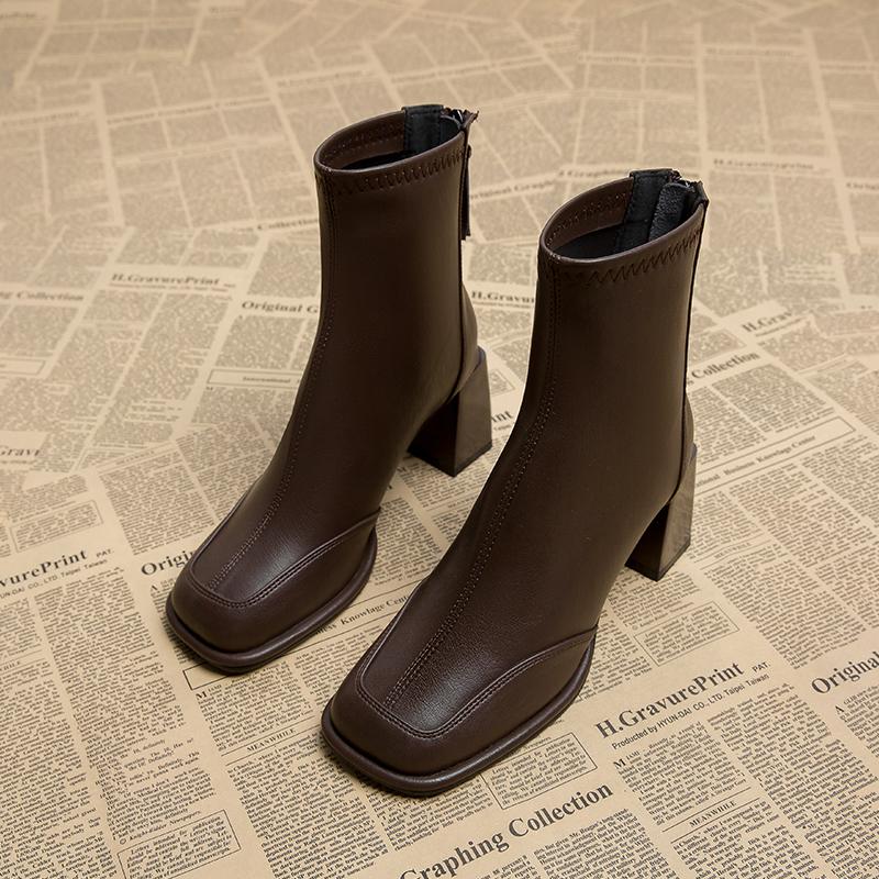 Vintage Thick Heel Women Ankle Boots Back Zippers Autumn Winter Shoes Ladies Elegant Square Toe Short Booties