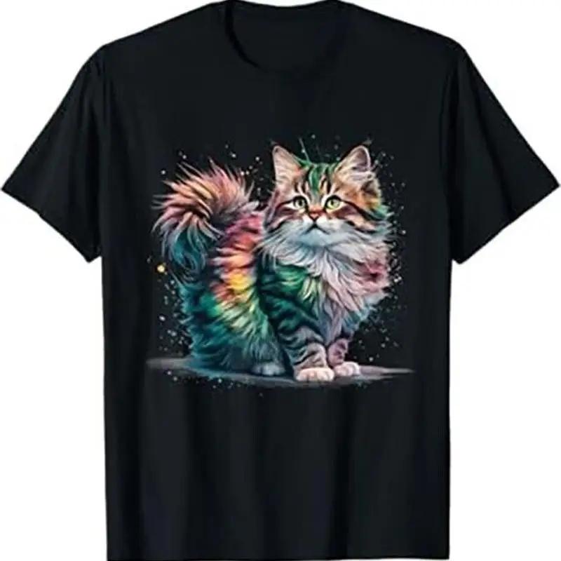 Vibrant Watercolor Rainbow Cat Graphic Tee Unisex Casual Round Neck TShirt S