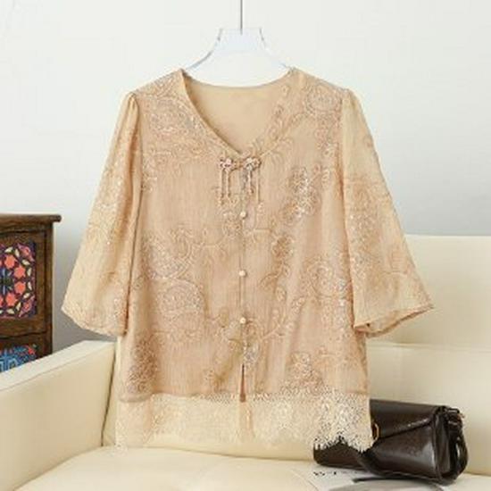 

Stylish 3/4 Sleeve Top - Chinese Style Shirt for Middle-Aged & Elderly Women, Spring/Summer Collection 5XL абрикосовий