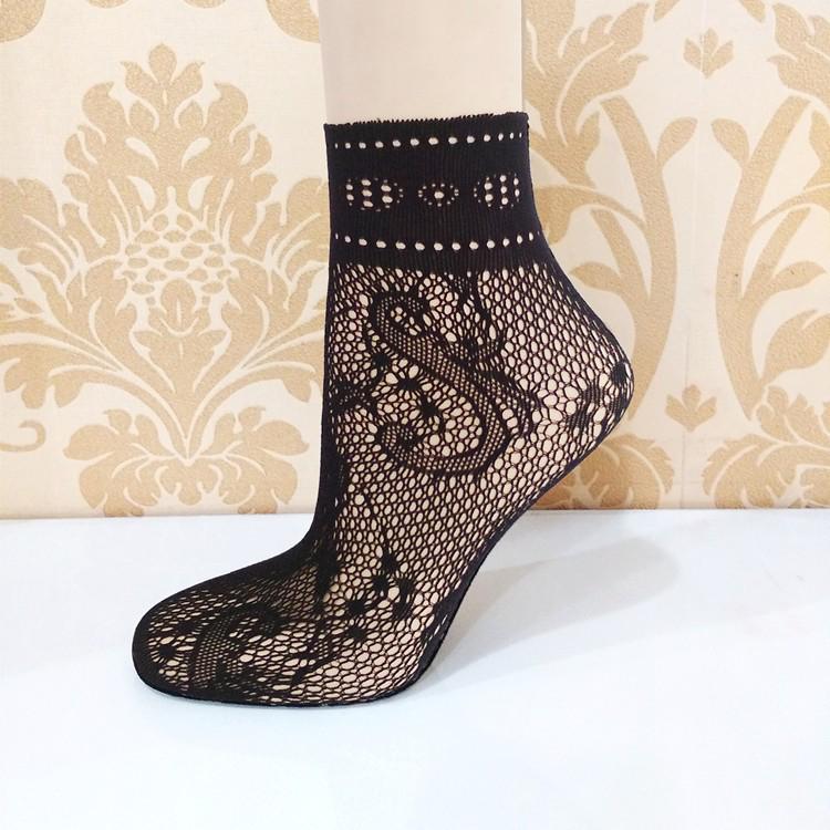 Calzini da donna in rete nera a pois con pizzo - Estivi, Sottili, Corti e Casual