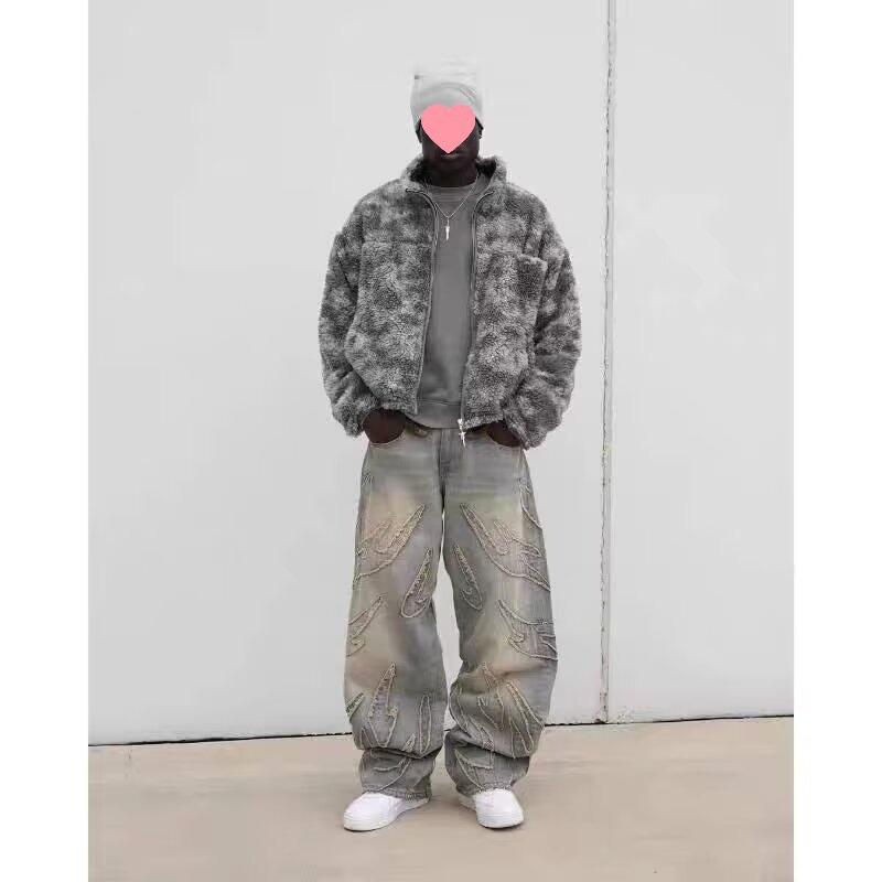 Amerikanische Retro Jeans mit Stickerei-Patchwork, gerade geschnitten