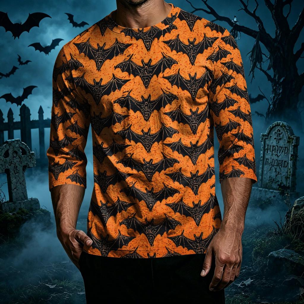 Men's Casual Halloween Print Crew Neck T Shirt Three Quarter Sleeve Top Lightweight Comfortable Fit Seasonal Design