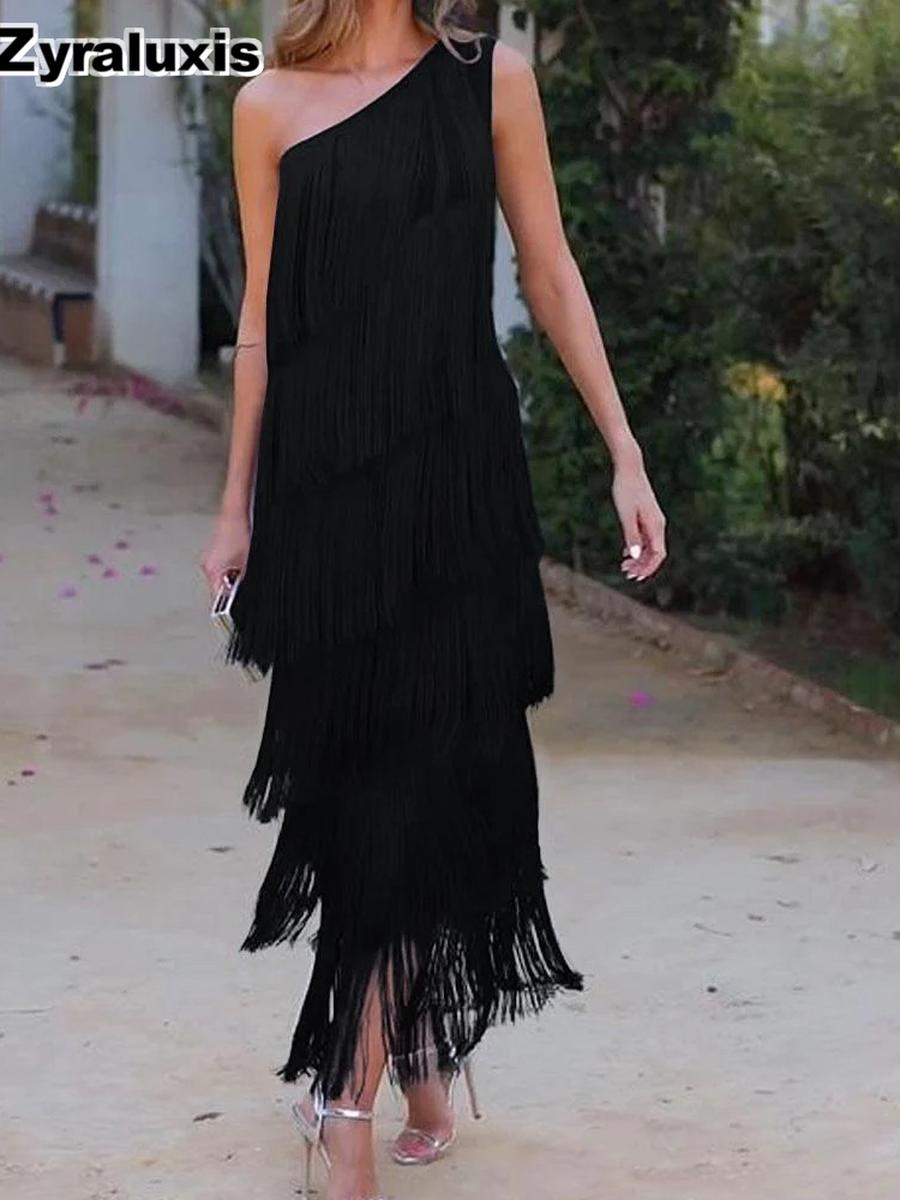 Fashion Fringe Asymmetric One-Shoulder Dress Spring Summer New Arrival S