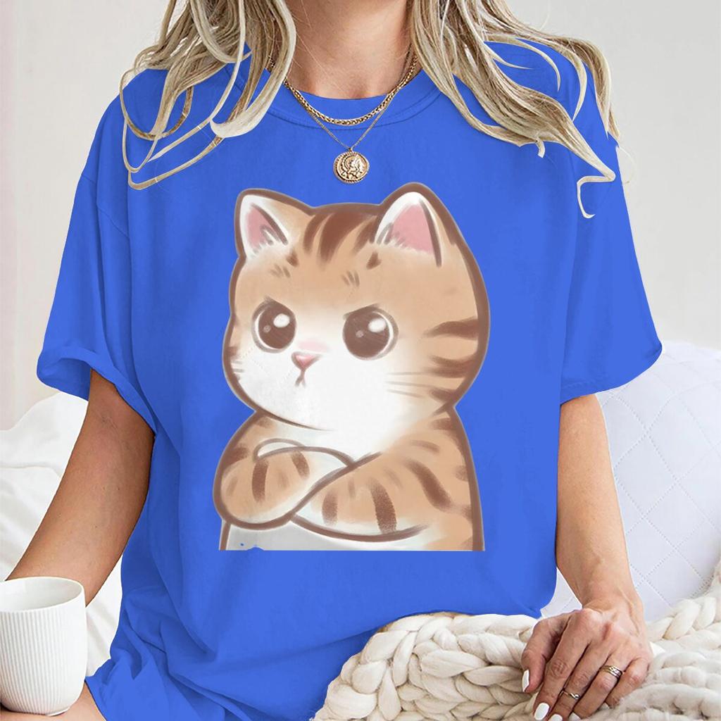 Funny Anime Cat Crossed Arms Print Tshirt Harajuku Kawaii Cat Graphic Tees Summer Casual Streetwear For Unisex And Unisex