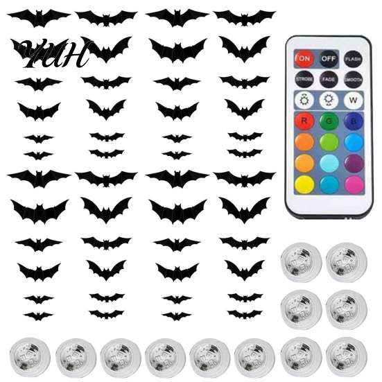 Festive Party Wall Accents 48Pcs Halloween Bats Decor, LED Light Up Bats, 12 Lights with Remote, Adhesive 3D Bat Stickers 6 Sizes for Indoor
