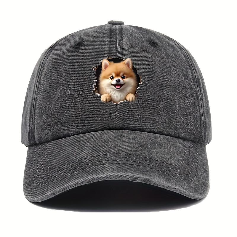 A Realistic And Adorable D Pomeranian Dog Baseball Cap for Women Featuring a Cute Plush Pet Peeking Through a Wall Window Des