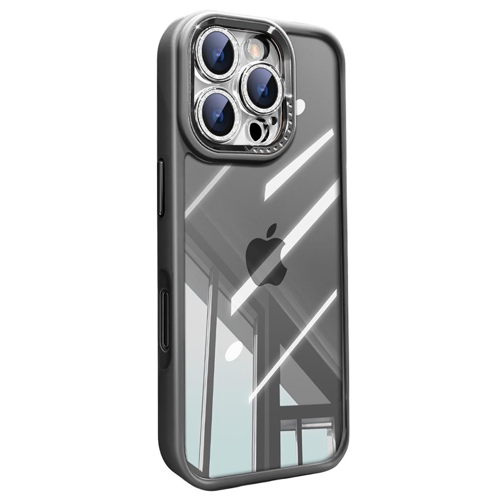 For iPhone 16 Pro Max Case PC+TPU Clear Phone Cover with Glitter Camera Lens Film