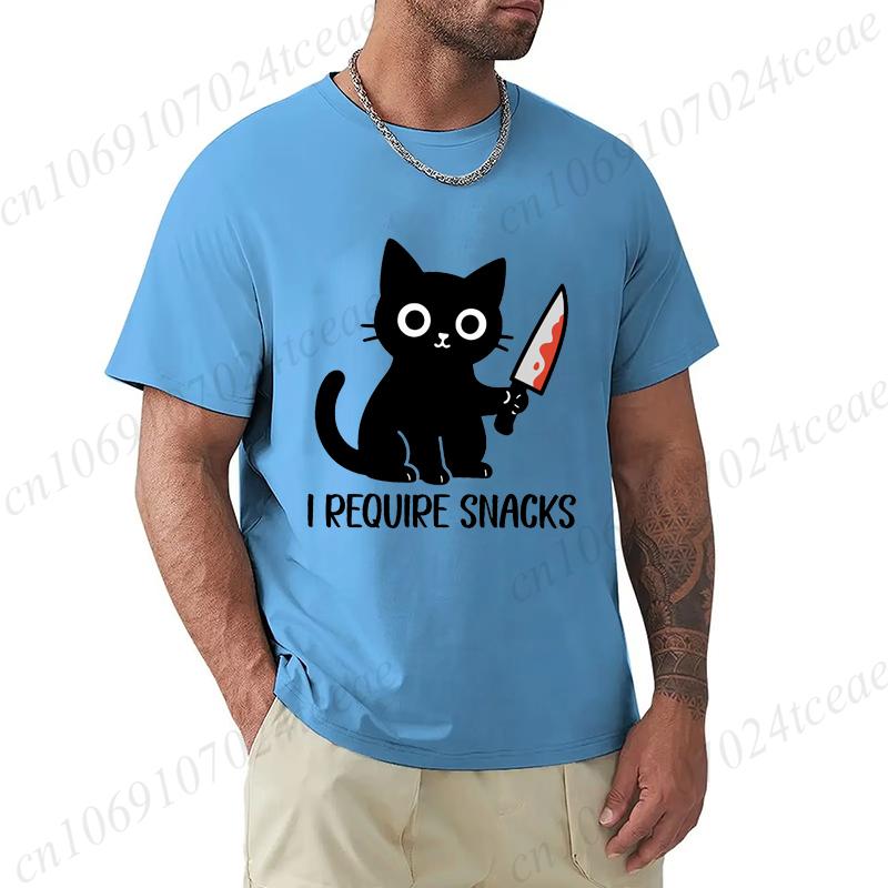 Summer Men's Tee T-shirt Clothes I Require Snacks Black Cat Print T-Shirts Clothing Funny Meme Animal Lover Tops Tees Clothes