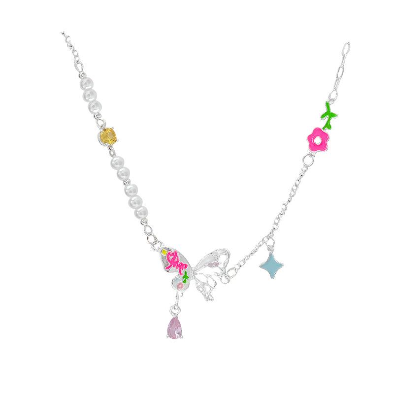 Dopamine Color Butterfly Pearl Necklace Female Sweet Design Clavicle Chain Unique Personality Neck Chain Accessories