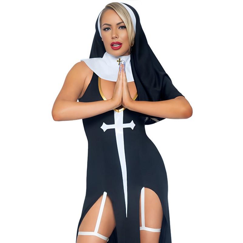 Halloween Nun Cosplay Costume Sexy Split Long Dress Set Party Womens Role Play Outfit