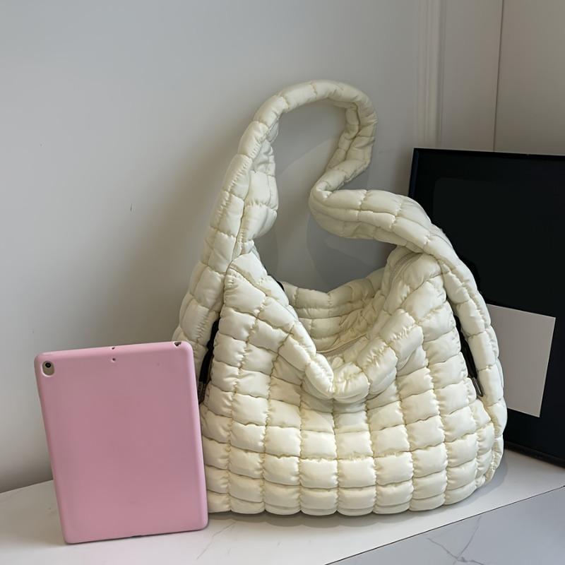 Large Capacity Quilted Shoulder Bags for Women Solid Color Winter Fashion Padded Quilted Hobo Bags