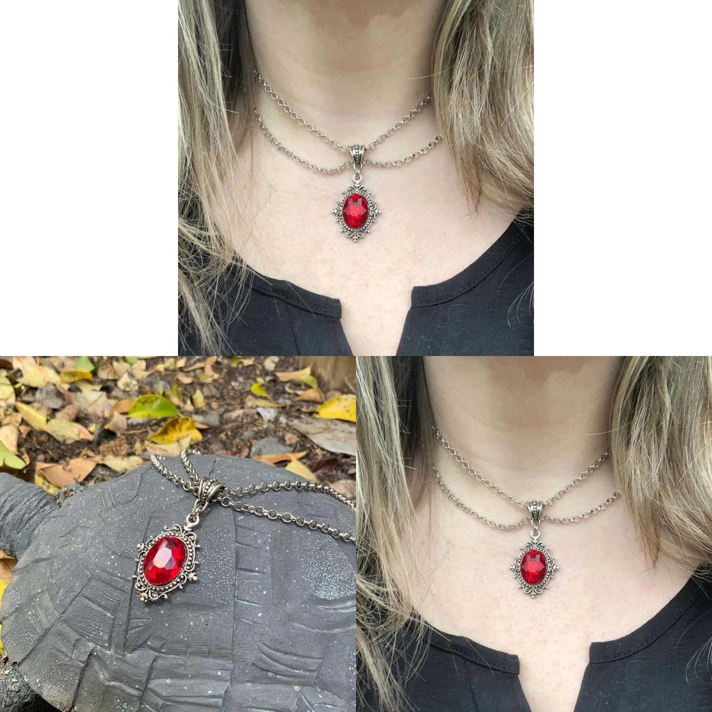 Collana Cristallo Gotica da Vampiro con Doppia Catena Argentata per Donne Accessorio di Halloween