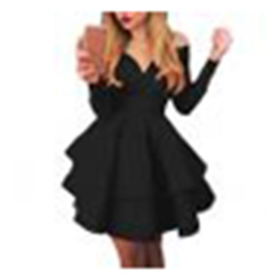 Elegant Women Long Sleeve V Neck Off Shoulder Large Swing Ruffled Hem Mini Dress