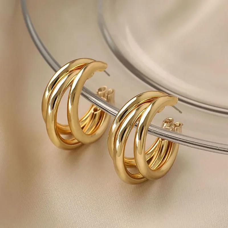 Korean Gold Color Hoop Earring for Woman Metal Elegant Vintage Geometric Statement Luxury Earrings Party 2023 New Zircon Gift