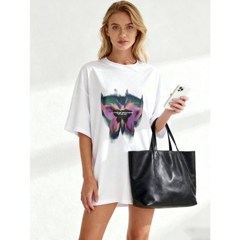 Oversized T Shirt Black Butterfly Print With Inspirational Quote Casual Wear For Women Summer Outfit Streetwear Fashion Top