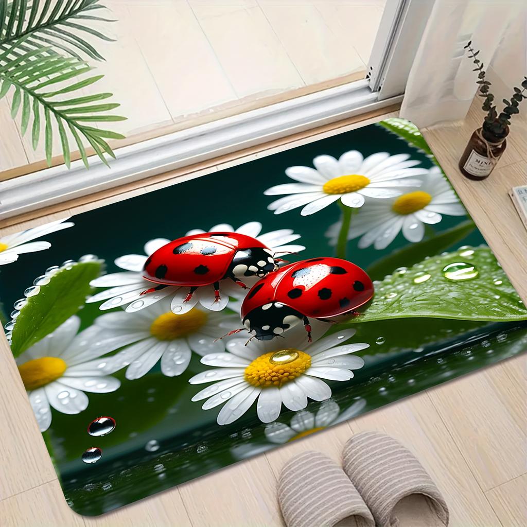 Daisy Ladybug Print Area Rug, Soft Non-Slip Machine Washable Floor Mat for Laundry Room Kitchen Home Decor Spring Decor