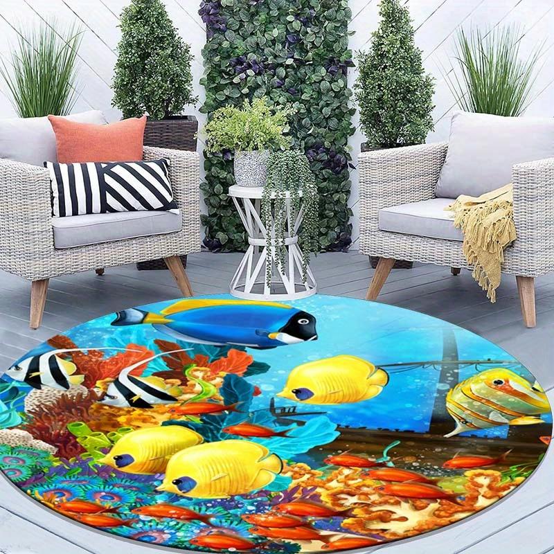 Underwater coral fish round rug crystal velvet floor mat ocean marine life colorful aquarium design living room bedroom carpet