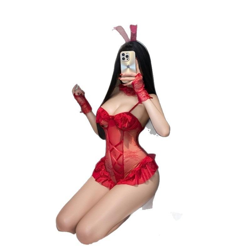 Free Sex Lingerie Sexy Bunny Cute Uniform Couple Female Lotus Leaf Open Crotch Onesie