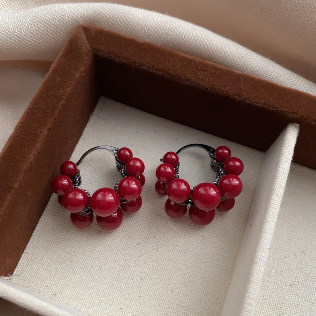 Retro Red Beaded Earrings, Earrings, Retro Hong Kong-style High-end Earrings, Classic Socialite, Elegant Lady, Versatile Temperament